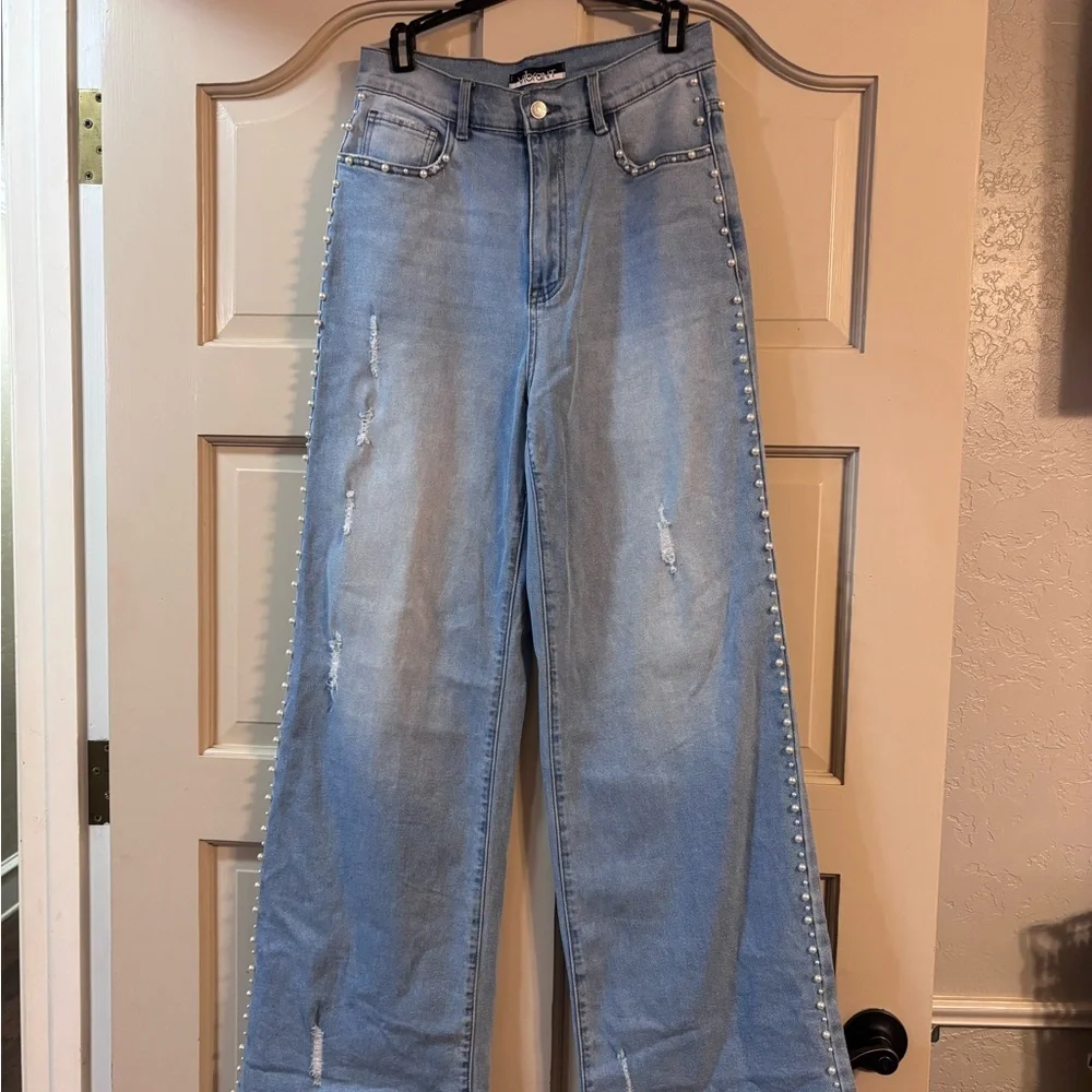 Light Blue Wide Leg Jeans with Side Stud Detail